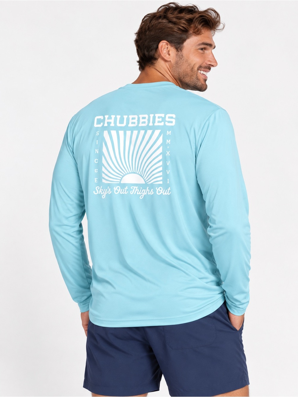 New Chubbies Sky’s Out Thighs Out UPF 50+ Long Sleeve Sun Shirt Aqua Blue